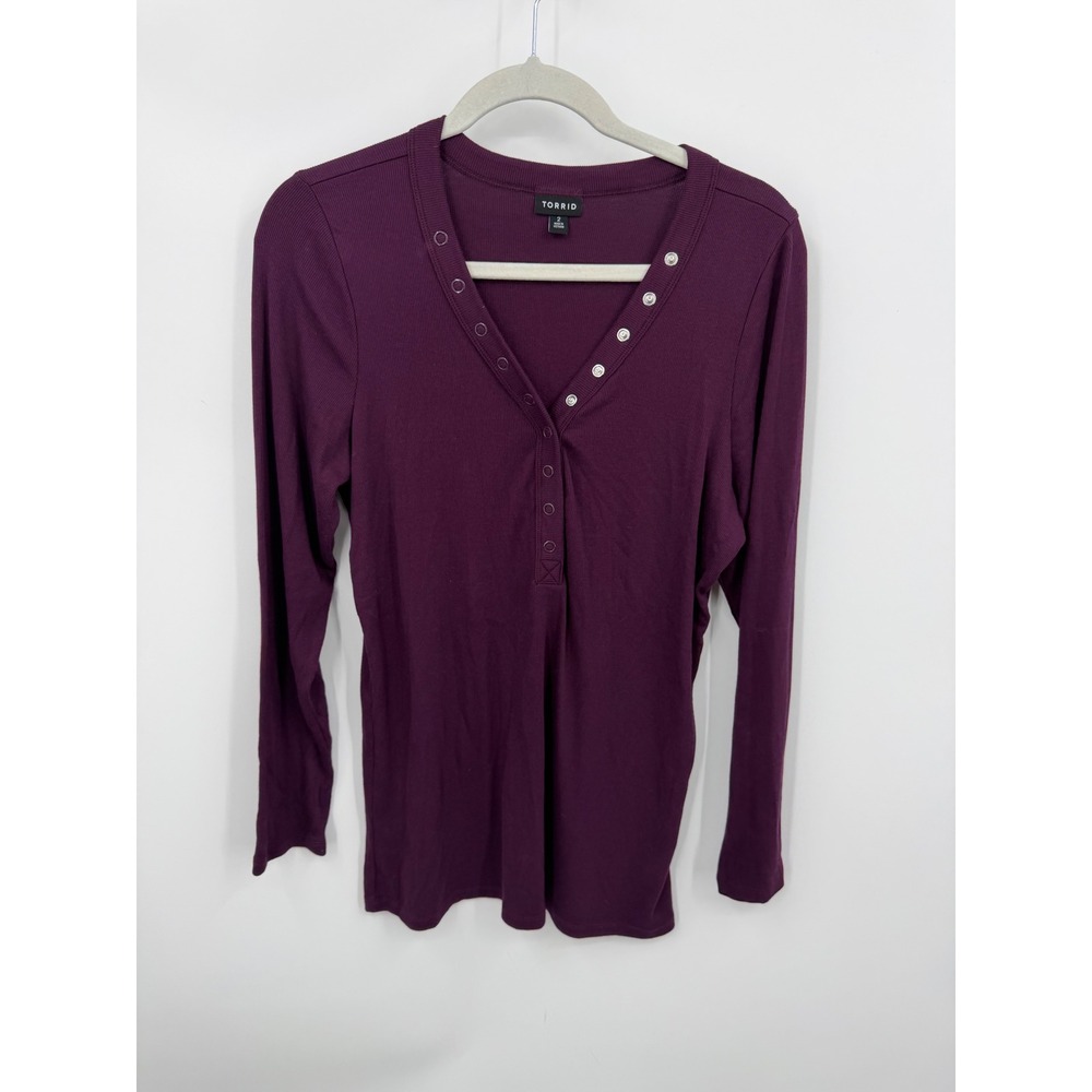 Torrid Ribbed Snap Henley Top Women 2 2X Purple Long Sleeve V-Neck Cotton Modal